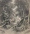 Reiner Dahlen, (zugeschr.) , Hohlweg im Wald mit rastender Mutter und Kind, 1868, Bleistiftzeichnung auf gräulichem Papier, partiell weiß gehöht