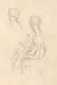 Oscar Pletsch, Studie eines sitzenden Mädchens mit Zöpfen, 1867, Bleistiftzeichnung auf Bütten