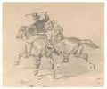 Paul Van der Vin, Zwei Pferde und Reiter. Ende 19. Jh, Bleistiftzeichnung auf braunem Bütten
