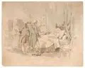 John Masey Wright, (in der Art von), Am Sterbebett. Wohl 1. H. 19. Jh, Federzeichnung in Tusche, aquarelliert