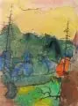 Heinrich Burkhardt, Gebirgslandschaft Nähe Suhl, 1978, Aquarell mit Faserstift über brauner Kreide auf gelblichem Papier