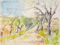 Ernst Hassebrauk, Frühlingslandschaft bei Goppeln (?), 1973, Farbkreidezeichnung über Blei auf einem Skizzenbuchblatt