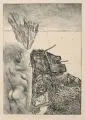 Wolfgang Peuker, Landschaft nach einer Schlacht, 1973, Radierung auf chamoisfarbenem Papier