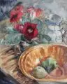 Marianne M. Rohland, Stillleben mit Gloxinie, Tonschale und Krug, 1935, Aquarell und Federzeichnung in Tusche auf Bütten