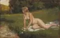 Max Pietschmann, Weiblicher Akt an einem Flusslauf in sommerlicher Landschaft. 1930er Jahre, Öl und Deckfarben auf Malpappe mit Einfassungslinien