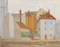 Günther Torges, Häusergruppe an der Dreikönigskirche, 1986/1987, Öl und Tempera auf Leinwand