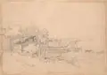 Adolph Heinrich Lier, (zugeschr.), Fischerhütten am Chiemsee. 3. Viertel 19. Jh, Bleistiftzeichnung auf kräftigem Papier
