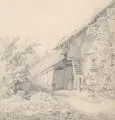 Wilhelm Witthöft, Altes Haus mit Wäscherin, 1836, Bleistiftzeichnung