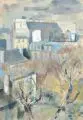 Gunter Böhmer, Hinterhofgarten einer Großstadt. Wohl 1970er Jahre, Aquarell und Rohrfederzeichnung in schwarzer Tusche auf strukturiertem Papier
