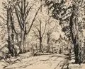 Erhard Hippold, Stakendorf, Feder- und Pinselzeichnung in Tusche auf gelblichem Papier