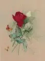 Willy Kriegel, Rote und weiße Edelrose mit Schmetterlingen. 1930er/1940er Jahre, Aquarell, sparsam weiß gehöht, auf Karton