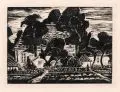 Ruth Meier, Häusergruppe hinter der Gärtnerei, 1957, Holzschnitt auf Japan