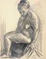 Curt Querner, Sitzender weiblicher Akt, links aufgestützt, 1966, Grafitzeichnung auf festem Papier