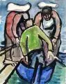 Heinz Tetzner, Drei Fischer steigen in das Boot. 2. H. 20. Jh, Pinselzeichnung in Tusche und Aquarell auf "Hahnemühle"-Bütten