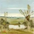 Walter Bodenthal, Wiesenlandschaft mit Tümpel und Kopfweide bei Leipzig, 1968, Öl auf Hartfaser