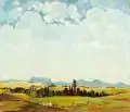 Franz Gaudeck, Weite Landschaft mit Ausflüglern und Maler mit Blick auf die sächsisch-böhmische Schweiz, 1941, Öl auf Hartfaser