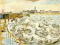 Erhard Hippold, Warnemünde - Blick auf den Hafen, 1958, Öl auf Papier, auf Hartfaser kaschiert und auf eine Sperrholzplatte klebemontiert