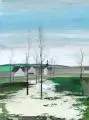 Horst Jährling, Thüringer Dorflandschaft zur Schneeschmelze (Dorf bei Weimar?), Um 1975, Gouache und Öl auf Papier, auf Malpappe kaschiert