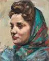 Bildnis einer jungen Frau mit Kopftuch (Frau des Künstlers?) by Hermann Kohlmann, 1950, Öl auf Hartfaser, offered Mar 2019