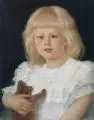 Heinrich Plühr, Blondes blauäugiges Kinderköpfchen mit feinem Batistspitzenkleidchen, 1938, Öl auf Leinwand