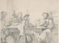 Wilhelm Camphausen, (zugeschr.), Wirtshausszene. 19. Jh, Bleistiftzeichnung auf feinem Papier