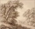 Christoph Nathe, (in der Art von), Bewaldete Landschaft mit Blick in ein Tal, 1826, Feder- und Pinselzeichnung in brauner Tusche auf Papier