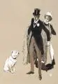 François Schommer, (zugeschr.), Gentleman mit Dienstmagd und Bulldogge, Um 1900, Gouache und Tusche auf grauem Papier