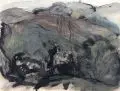 Ulla Anderson, Tal bei Civitella d'Agliano, 1993, Aquarell mit Feder- und Pinselzeichnung in schwarzer Tusche über Grafit auf gelblichem Torchon