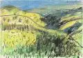 Ernst Hassebrauk, Hügelige Sommerlandschaft, 1960, Farbige Pastellkreidezeichnung mit Kohlestift über schwarzer Tusche auf gelblichem Velin