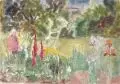 Erhard Hippold, Garten der Villa Sorgenfrei, Radebeul. Wohl um 1950, Aquarell über farbiger Federzeichnung