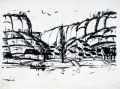 Otto Lange, Dorf an der Elbe (Posta), 1914, Lithografie auf kräftigem Japanpapier