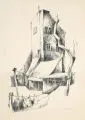 Siegfried Ratzlaff, Drei Hausansichten/Mutter mit Kind, 1964/1963, Decelith-Schnitte und eine Kreidelithografie auf Velin