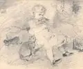 Wilhelm Velten, Kind mit Katze im Gras, Um 1900, Bleistiftzeichnung auf gelblichem Papier