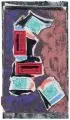 Albert Wigand, Eilbote-Express, 1963, Collage (verschiedene Papiere mit Klebeetiketten und Briefmarken) mit Mischtechnik auf schwarzem Untersatzpapier montiert