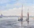 Hans Hersmann, Zwei Fischerboote vor einem Küstenort. Anfang 20. Jh, Öl auf Leinwand