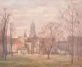 Horst Saupe, Dresden - Gärten der Lingnerstadt mit Blick auf den Rathausturm und die Kreuzkirche, 1943, Öl auf Leinwand