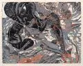 Leonore Adler, Im Funkenregen, 1989, Farbholzschnitt von vier Stöcken auf grauem Maschinenbütten