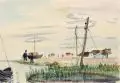 Elisabeth Ahnert, Boddenlandschaft mit Bootsmasten, 1929, Aquarell auf kräftigem Papier