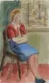 Elisabeth Ahnert, Sitzendes Mädchen am Fenster. 1940er/1950er Jahre, Aquarell auf grauem "Ingres"-Bütten