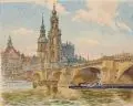 Fritz Beckert, Dresden - Augustusbrücke mit Blick auf Hofkirche , Hausmannsturm und Georgentor. Wohl 1930er Jahre