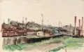 Erhard Dörner, Chemnitz - Industrielandschaft. 1930er Jahre, Wasserfarben auf hauchdünnem Japan
