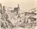 Otto Fischer, Prachatitz (Prachatice, Böhmen) / Weite, von Bergen gesäumte Landschaft. Anfang 20. Jh, Lithografie / Radierung