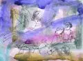 Christian Hasse, Zwei narrative Szenen mit Figuren, Tieren und einem Engel, 1999/2001, Aquarelle mit Tuschezeichnung in Schwarz auf Maschinenbütten