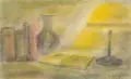 Ernst Lewinger, Stillleben mit Büchern und Lampe. 2. H. 20. Jh, Farbige Pastellkreidezeichnung