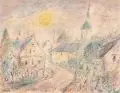 Ernst Lewinger, Morgensonne über dem Dorf. 2. H. 20. Jh, Aquarell über Federzeichnung in Tusche auf Torchon