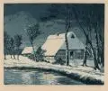 Johannes Cornelius Rogge, Winternacht in Worpswede, Radierung und Aquatintaradierung in Blau, sparsam koloriert