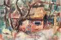 Gerhard Stengel, Kleines Boddenhaus, Ahrenshoop, 1979, Aquarell und Rötel auf Torchon