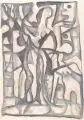 Walter Teichert, Weibliche Figur in abstrahierter Landschaft, 1973, Aquarell und Deckweiß über Kohle auf gelblichem Karton