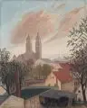 Herbert Ludwig, Blick über die Dächer von Dresden-Strehlen auf die Christuskirche, 1935, Öl auf Baumwolltuch