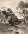 Friedrich Preller der Jüngere, Friedrich Preller d.J., Landschaft mit Wassermühle. Spätes 19. Jh, Pinselzeichnung in Tusche